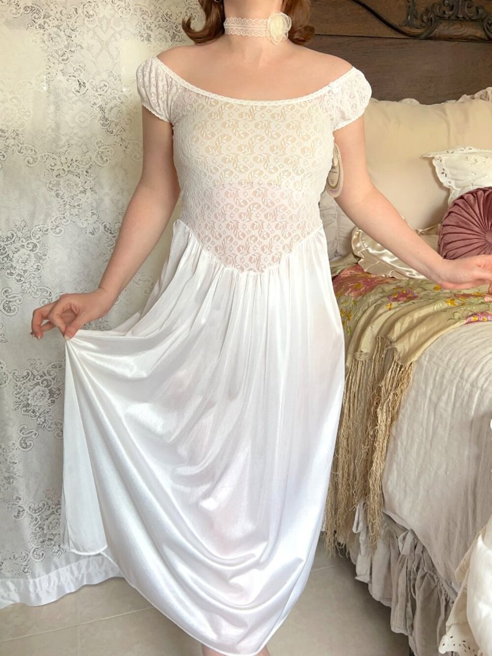 Vintage Deadstock Cinema Etoile White Sheer Lace Nightgown, Coquette Romantic